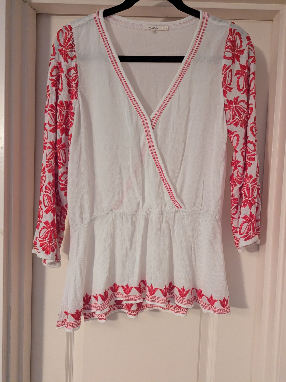 Tularosa White Peplum Tunic with Pink-Red Floral Embroidery